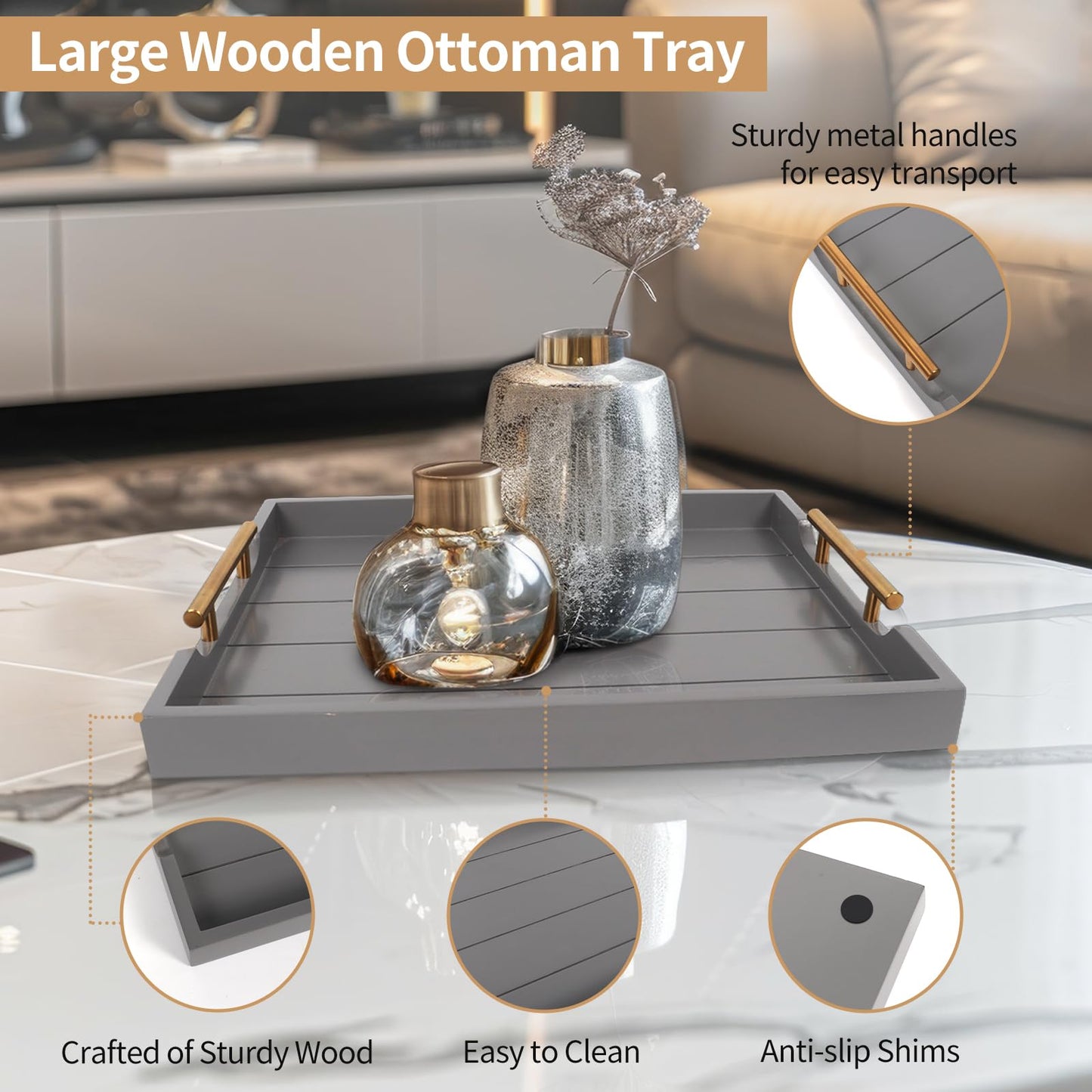 SXNOWS Wooden Serving Tray with 2 Sets of Handles,Large Ottoman Tray for Living Room, Rectangular Wood Tray for Coffee Table, Modern Farmhouse Kitchen Decor, 4 Round Coasters Included,Gray