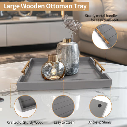 SXNOWS Wooden Serving Tray with 2 Sets of Handles,Large Ottoman Tray for Living Room, Rectangular Wood Tray for Coffee Table, Modern Farmhouse Kitchen Decor, 4 Round Coasters Included,Gray