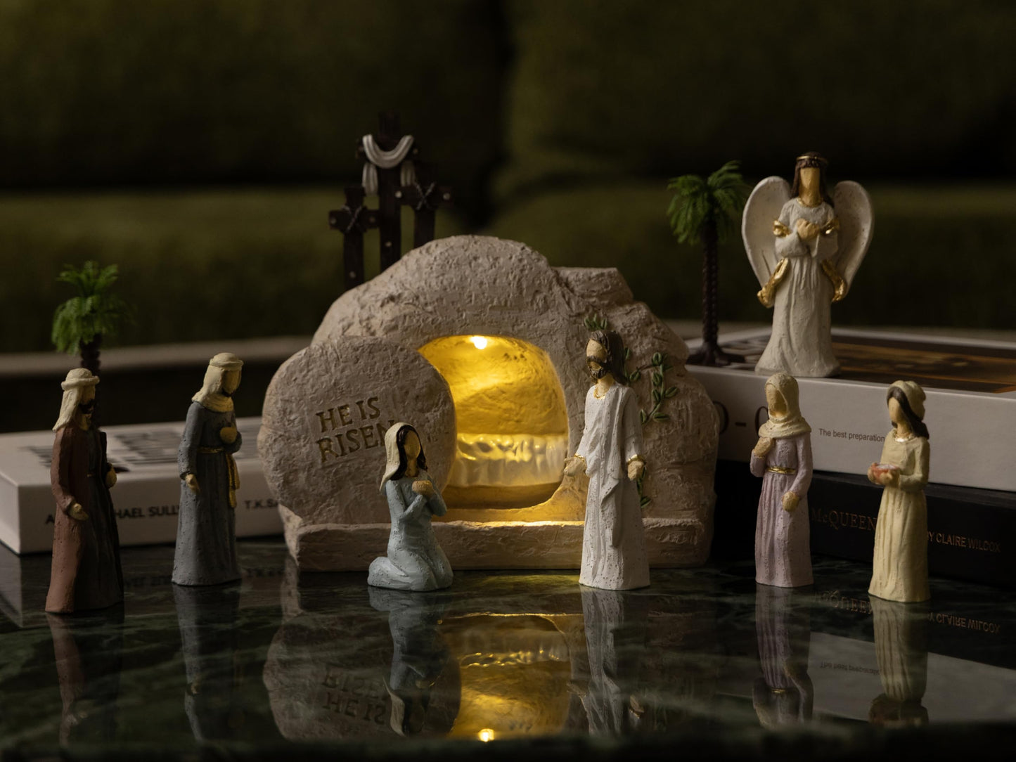 Easter Decorations for Home – 11 Pieces LED Resurrection Scene Set with Empty Tomb & Cross Shaped Resin Table Decor, Jesus Statue Set, Christian Easter Table Decorations & Mantel Decorations