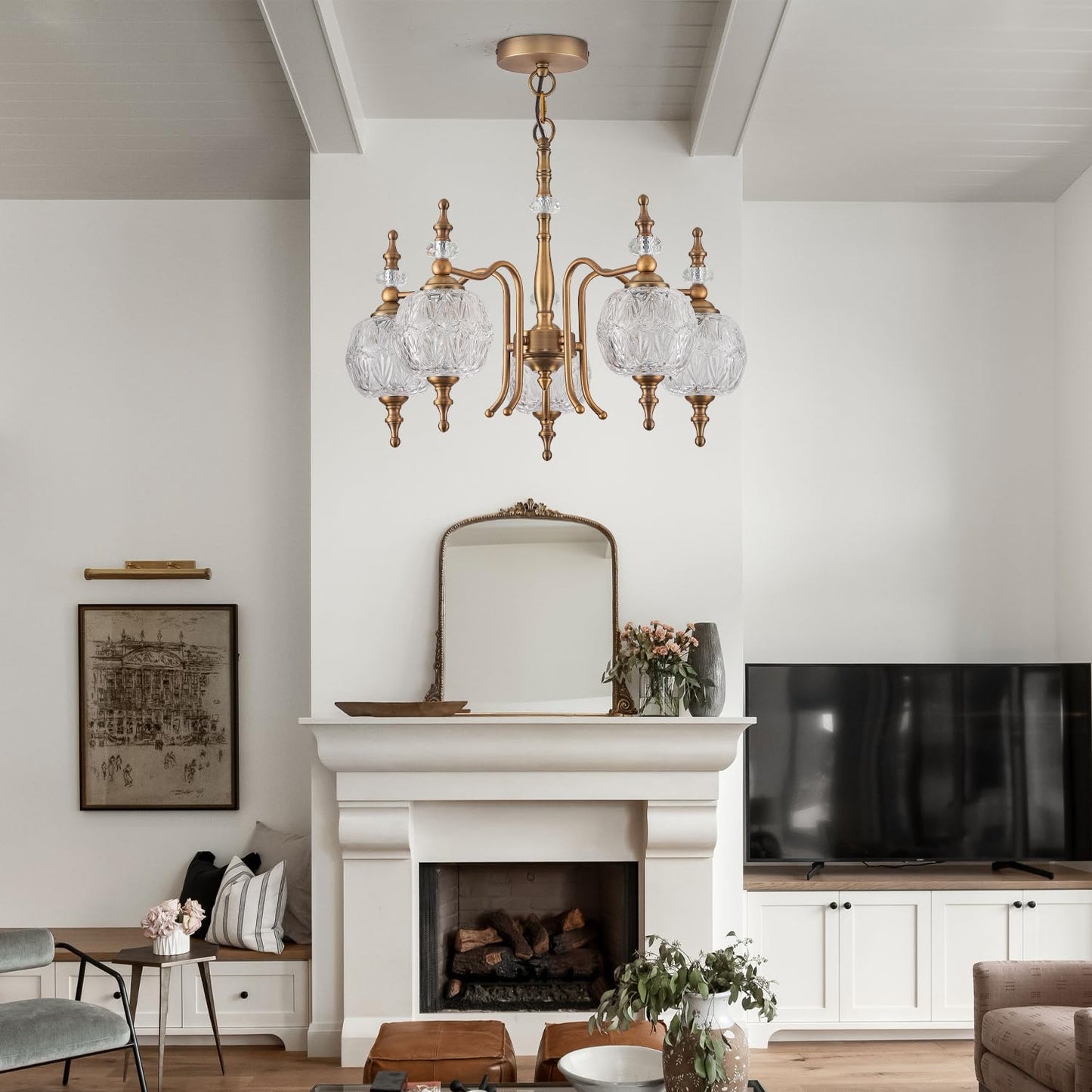 TLOLGT Chandeliers Vintage 5 Lights Brass Glass Pendant Lighting Fixtures Rustic Style Chandelier Matte Brushed Antique Brass Finish with Crystal Glass Shade for Kitchen Island Farmhouse