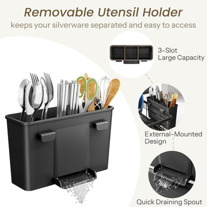 SNTD Dish Drying Rack - Space-Saving Dish Rack for Kitchen Counter, Stainless Steel Dish Drainer with Utensil Holder and Drainboard, 11" W x 15" L (Black)