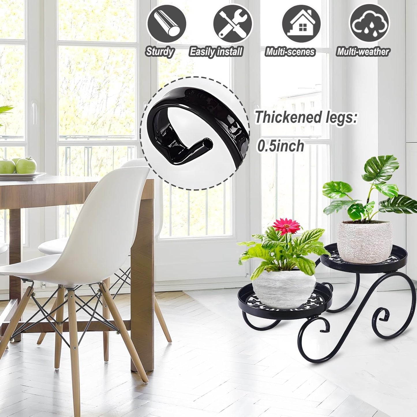2 Tier Black Plant Stand, Metal Flower Stand Indoor Outdoor, Anti-Rust Iron Plant Shelf, Round Flower Pot Stands