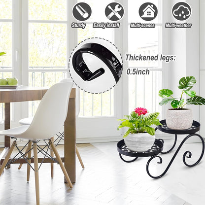 2 Tier Black Plant Stand, Metal Flower Stand Indoor Outdoor, Anti-Rust Iron Plant Shelf, Round Flower Pot Stands