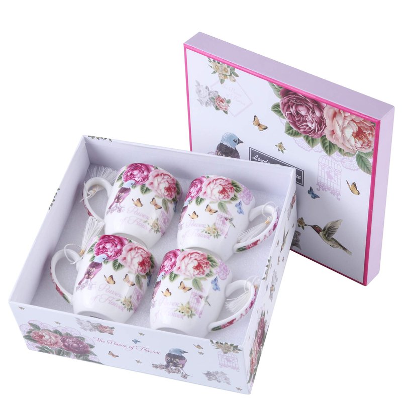 London Boutique Tea Coffee Cup Mug Set 4 Porcelain Bird Rose Butterfly Shabby Chic design in Gift Box 330ML 11oz