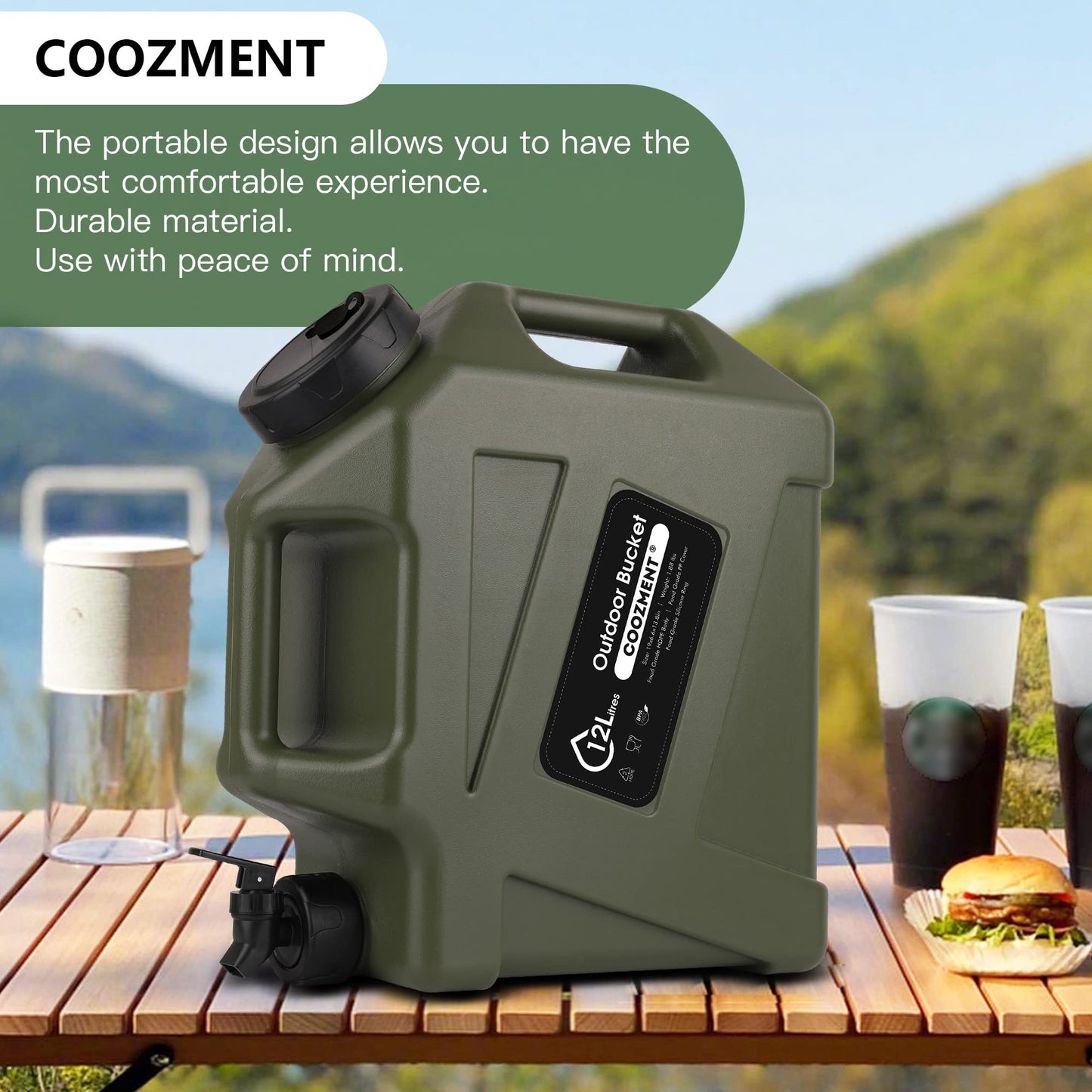 COOZMENT 3.2G (12L) Portable Water Jug with Spigot, BPA Free Green Storage Tank for Camping, Hiking, Emergencies