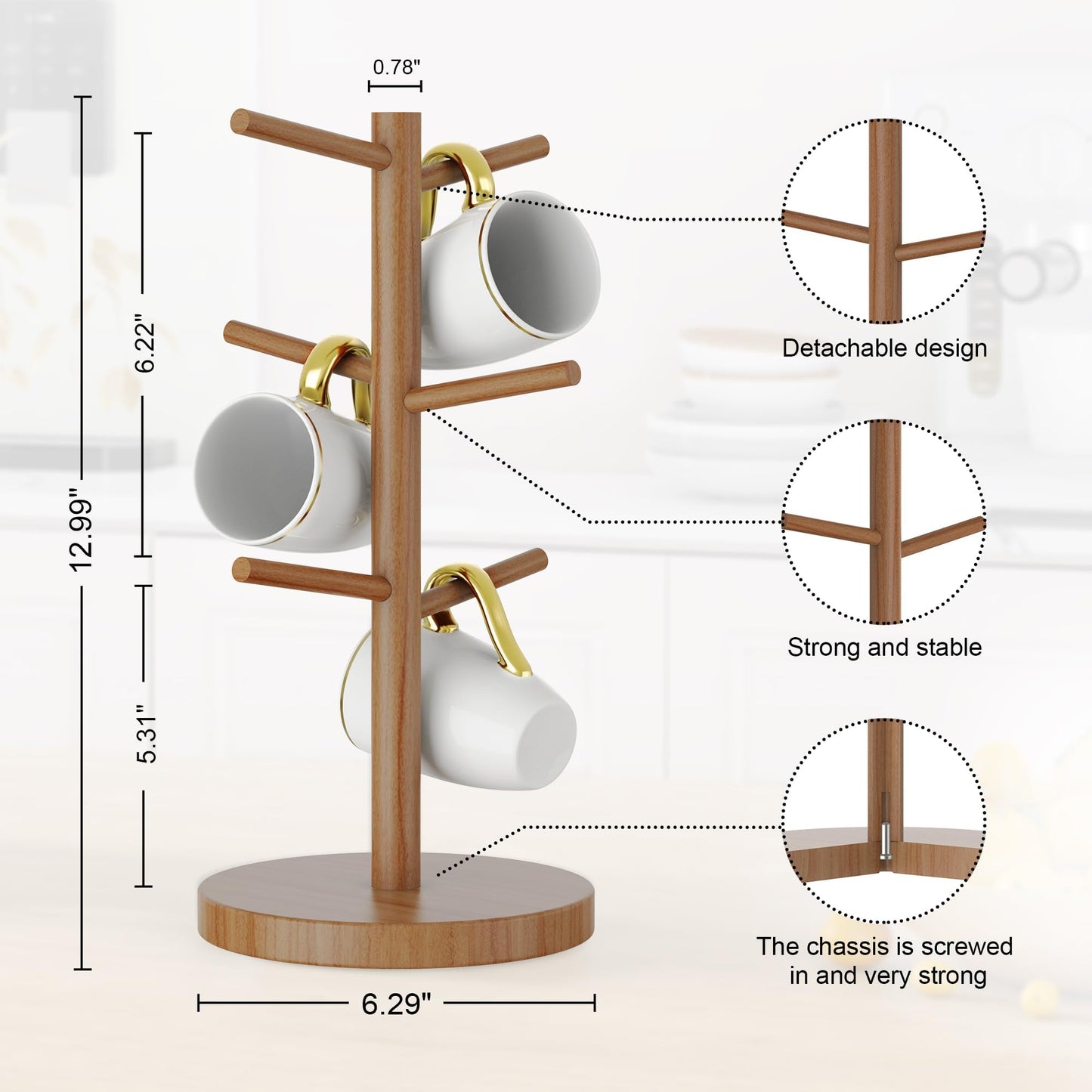Wisuce Bamboo Coffee Mug Holder Tree, Thicker Base Coffee Cup Holder Stand for Counter, Countertop Mug Rack Organizer with 6 Hooks (Brown