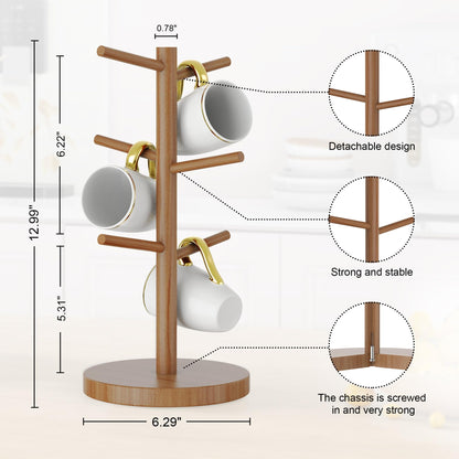 Wisuce Bamboo Coffee Mug Holder Tree, Thicker Base Coffee Cup Holder Stand for Counter, Countertop Mug Rack Organizer with 6 Hooks (Brown