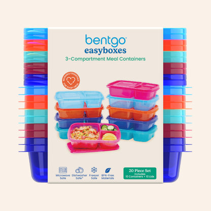 Bentgo Easyboxes - Original Stackable Lunch Boxes - Reusable 3-Compartment Food Containers for Kids and Adults - Bento Lunch Box for Meal Prep, School, & Work - BPA Free, Set of 10 (Jewel Brights)