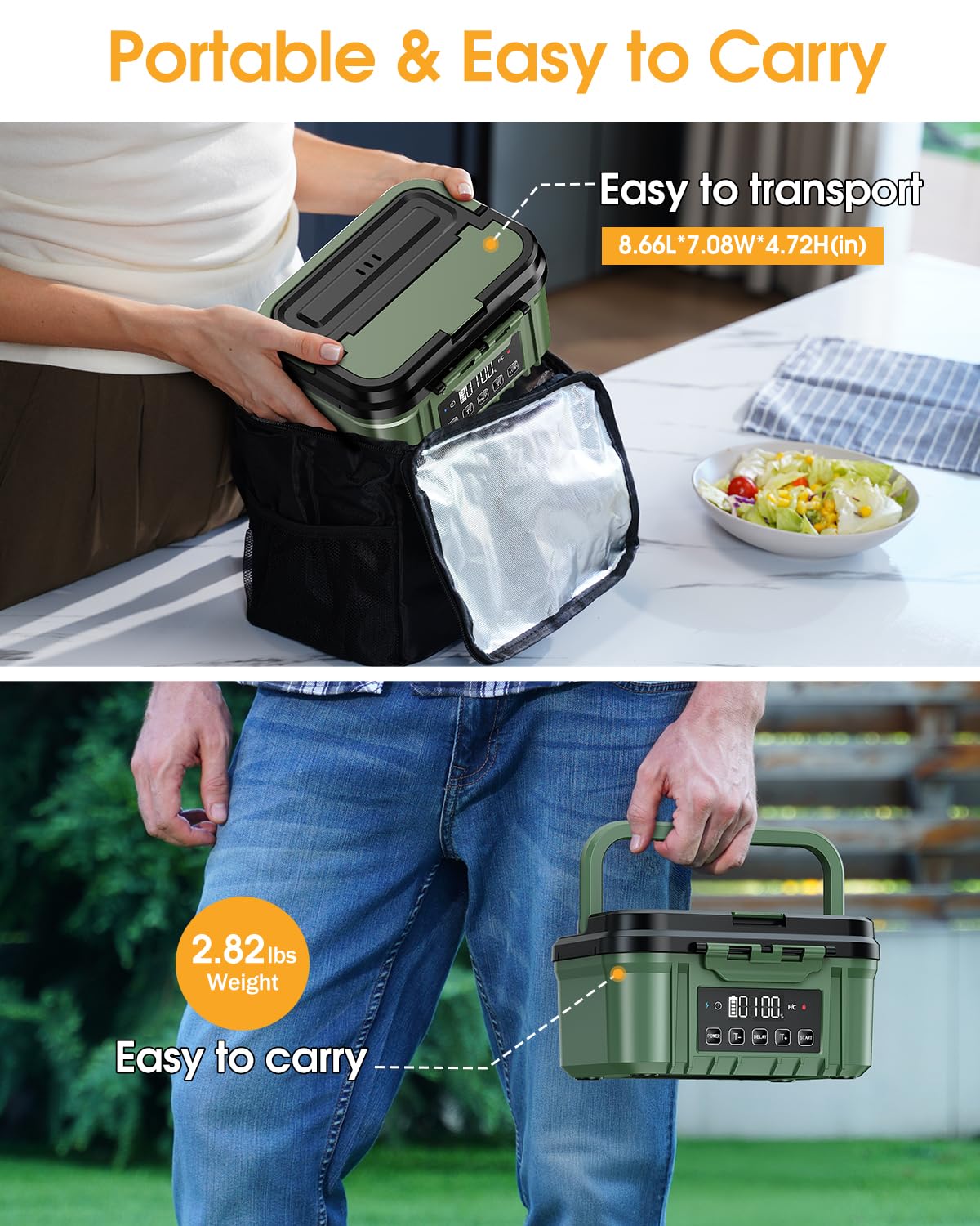 FERVINOW Cordless Electric Lunch Box for Adults – Battery-Powered Heated Lunch Box with 1.2L Stainless Steel Container, Timer Function, and Leak-Proof Food Warmer for Work, Travel & Office