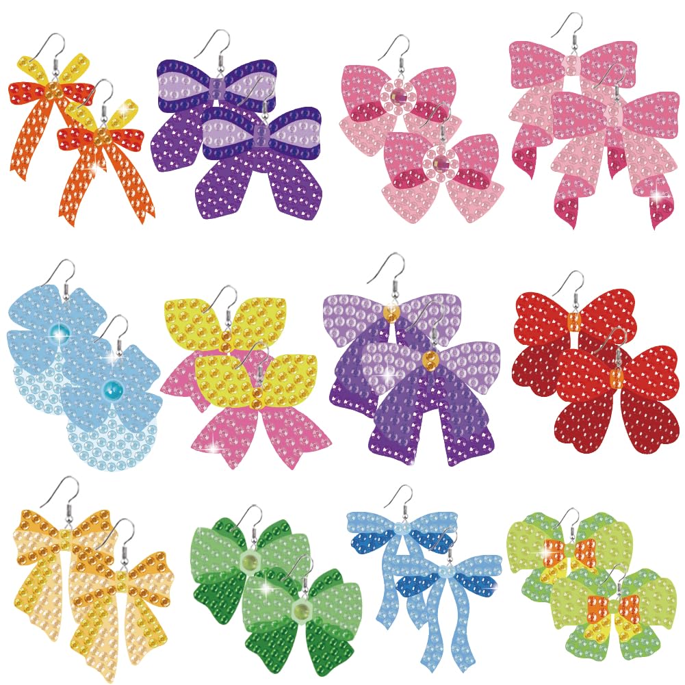BEUNITONE Bow Diamond Art Earring Kit for Making Earrings - 12Pcs DIY Crystal Bow Shape Sequin Art Craft, Wearable Jewelry Making for Adults Women, Drop Dangle Earring Handmade Gifts for Birthdays