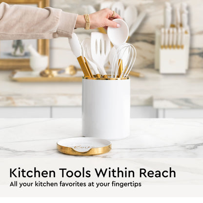 White Utensil Holder with Built-In Ceramic Spoon Rest - 2-Piece Luxe White and Gold Spatula Holder with Gold Spoon Rest for Countertop Organization - Stylish Kitchen Accessory, Utensils Not Included