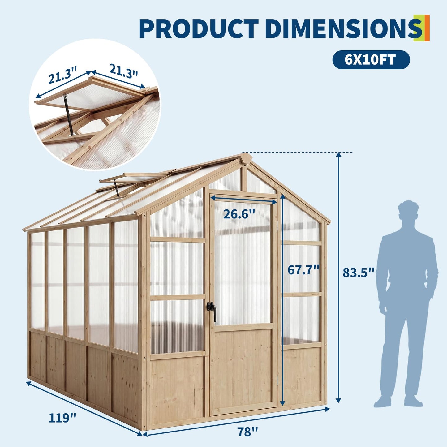 Wooden Greenhouse Kit with 4mm Polycarbonate Panels & 2 Adjustable Ventilation - Heavy Duty Wood Large Outdoor Greenhouse with Lockable Door for Garden, Backyard, Patio, Lawn Walk-in Green House