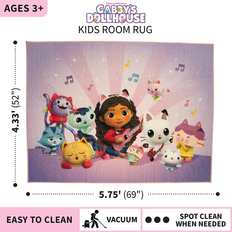 DreamWorks Gabby's Dollhouse Kids Room Non Slip Area Rug, 69 in x 52 in, (Official Licensed Product) By Franco