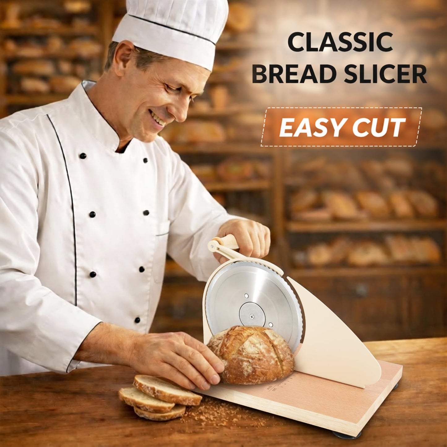 Manual Bread Slicer for Homemade Sourdough Bread, Adjustable Thickness Hand Crank Bread Cutter with Scale Lines, Suction Cup Base, Metal Guide & Sharp Stainless Steel Blade (Cream)