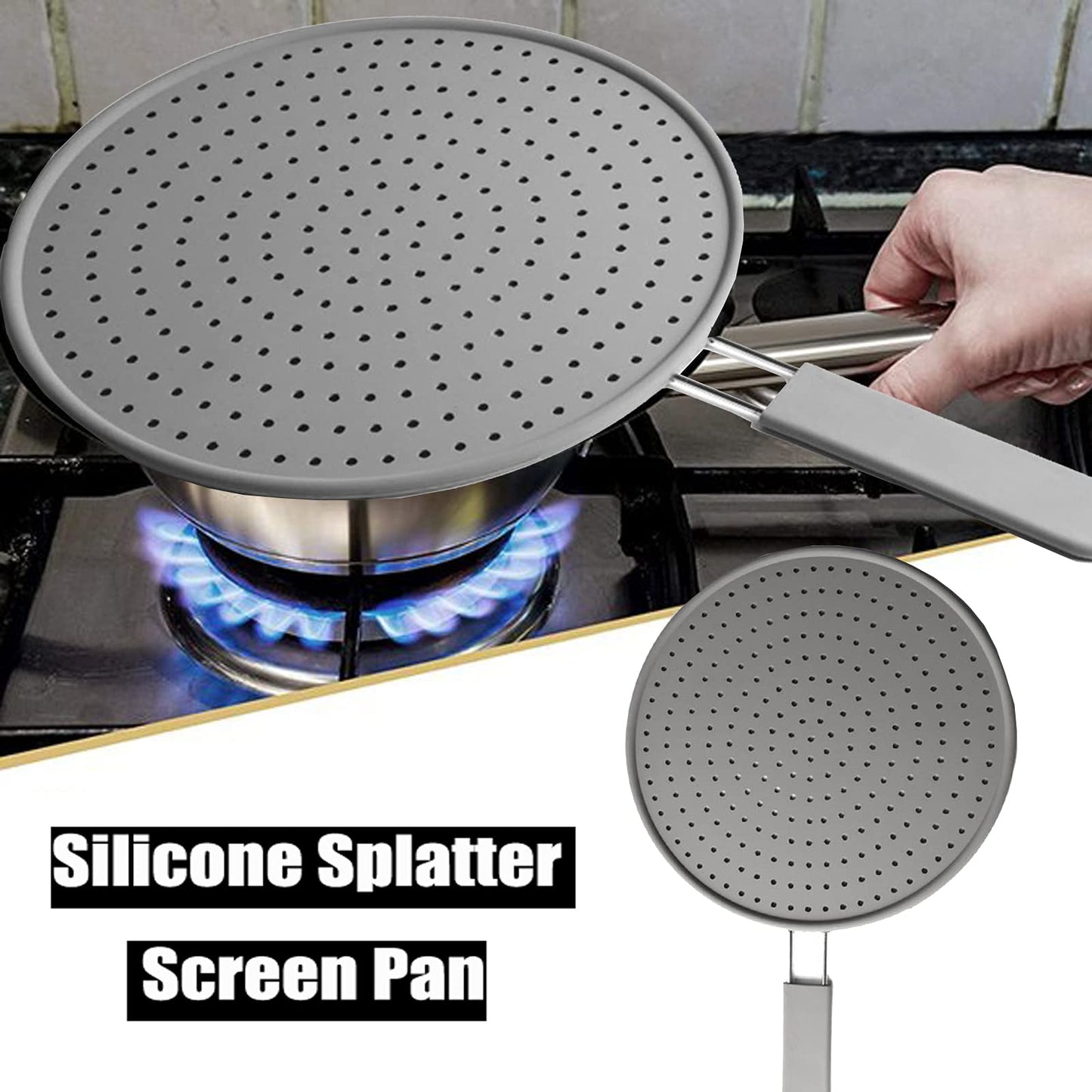 Silicone Splatter Screen Pan Cover 11", Heat Insulation Cooling Mat, Strainer, Drain Board, Oil Splash Guard for Frying Pan, Non-Stick, Heat Resistant Universal Pan Cover