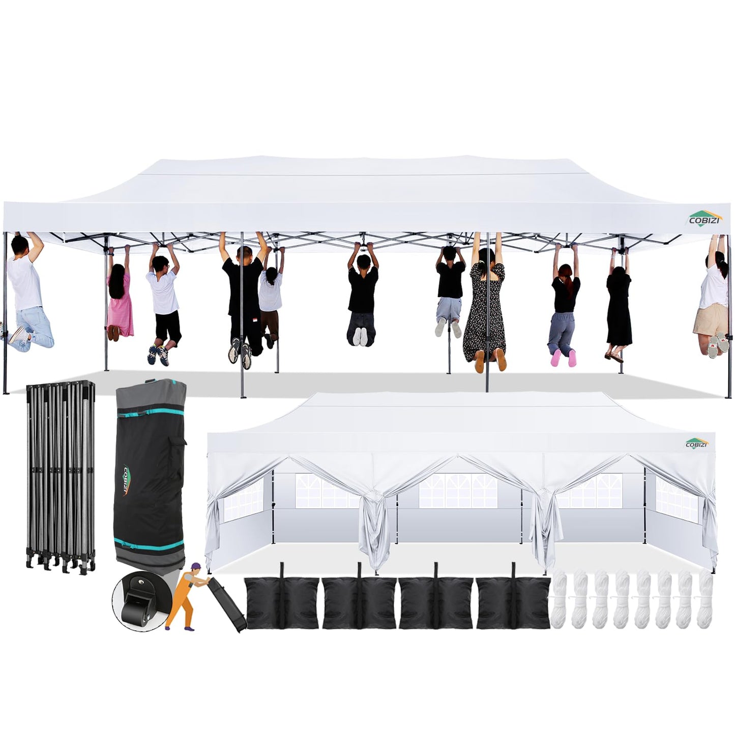 COBIZI 10x30 Pop Up Canopy with 8 Sidewall,Heavy Duty UPF 50+ All Season Wind Waterproof Commercial Outdoor Wedding Party Tents for Parties Canopy Gazebo with Roller Bag(10 x 30 ft White)