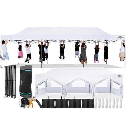 COBIZI 10x30 Pop Up Canopy with 8 Sidewall,Heavy Duty UPF 50+ All Season Wind Waterproof Commercial Outdoor Wedding Party Tents for Parties Canopy Gazebo with Roller Bag(10 x 30 ft White)