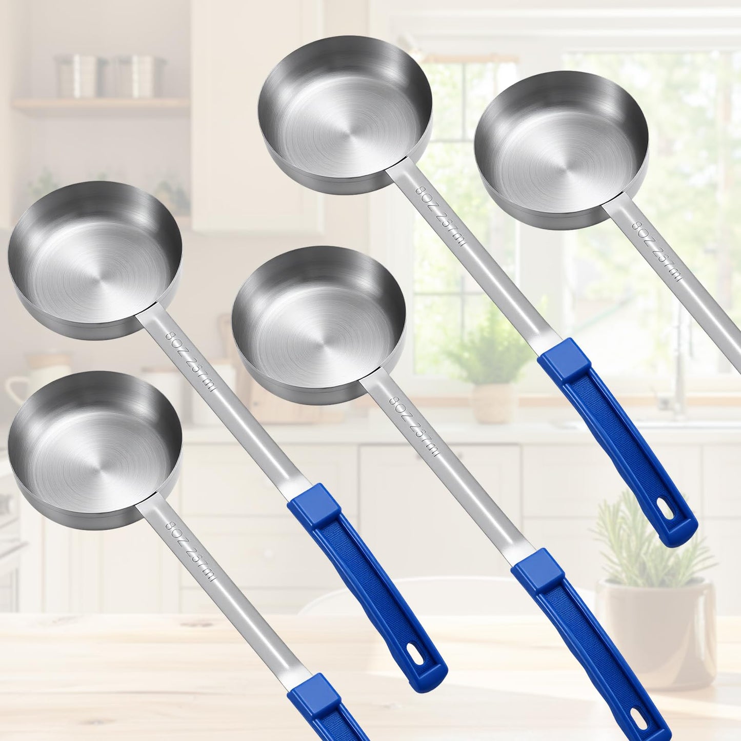 Ferrochef 8 Pcs 8oz Portion Control Serving Spoons Unslotted Portion Scoops for Food with Blue Handle, Stainless Steel Serving Utensils Set for Restaurant/Weight Loss/Baking