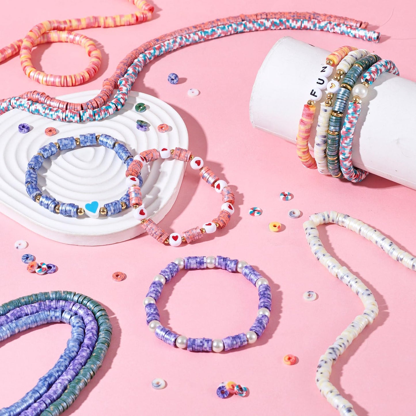 Pandahall 7 Strands 6mm Flat Polymer Clay Beads Speckled Vinyl Heishi Beads 7 Colors Pearlized Colorful Disc Clay Spacer Beads for Friendship Bracelet Necklace Earring Making