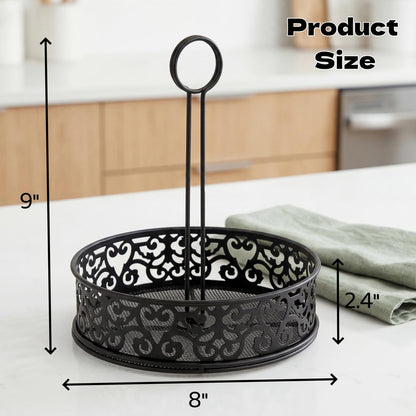 Lyellfe 2 Pack Condiment Caddy, Restaurant Table Caddy with Menu Number Card Holder, Metal Black Decorative Carved Tabletop Seasoning Organizer for Grill Outdoors, Kitchen Cabinet, Camping
