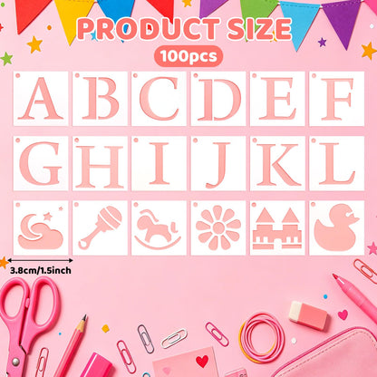 Estedro 100Pcs Small Stencils for Crafts 1.5 Inch Reusable Cute Stencils for Painting Wall Stencil for Drawing Art Plastic Drawing Templates on Wood Canvas Fabric Home Decor (Letter Baby Shower)