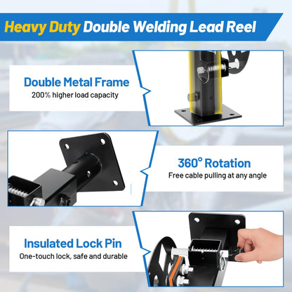 𝑼𝒑𝒈𝒓𝒂𝒅𝒆 Heavy Duty Double Welding Lead Reel, 360° Rotatable Base Cable Lead Reel, Welding Reels with Insulated Sealing Gaskets & Screws No Leaks No Shorts, Fits 150ft 1/0 or 125ft 2/0 Cable