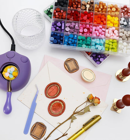 Frame Wax Stamp Kit, Electric Wax Seal Warmer Set with 624Pcs Sealing Waxs Beads, 3D Embossed Frame Relief Carve Stamps Waxing, Gold Pen, Tweezer (Set03)
