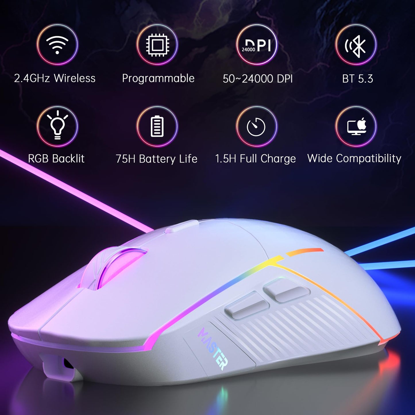 FFJ Wireless Gaming Mouse, 24000 DPI, Tri-Mode 2.4G/USB-C/Bluetooth 5.3 Gaming Mouse Wireless, RGB Programmable Mouse Gamer, 75Hrs Battery Life, Rechargeable Gaming Mice for PC, Mac, PS5, Xbox - Black