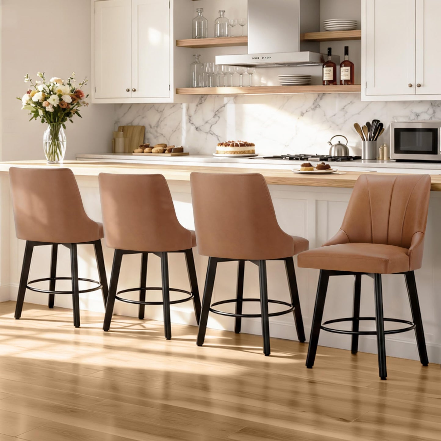 24" Counter Height Bar Stools Set of 4, Swivel Bar Stools with Backs, Faux Leather Upholstered Counter Barstools with Solid Wood Legs for Kitchen Island,Brown