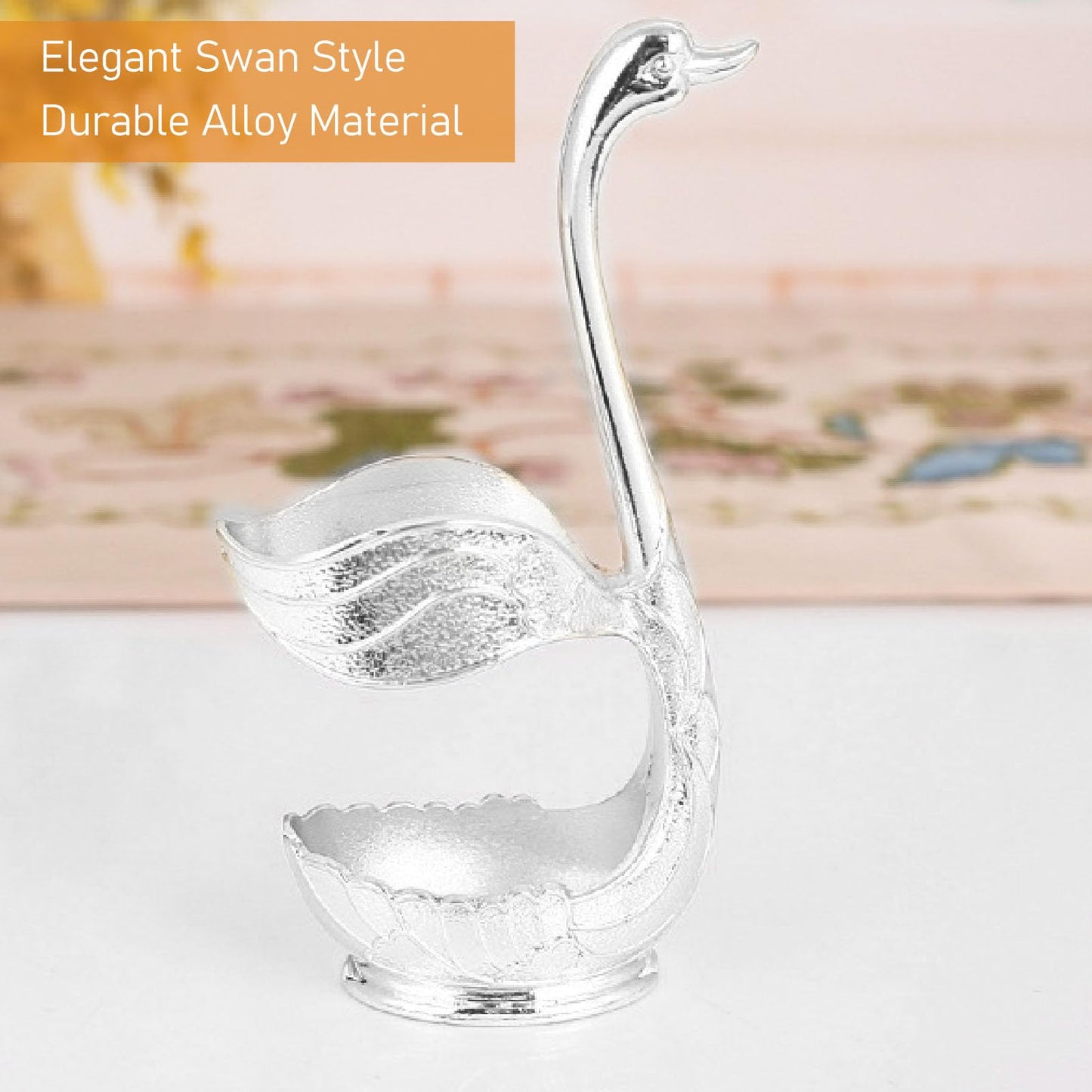 6pcs Coffee Spoon Holder, Elegant Swan Shaped Alloy Mirror Polish Spoon Rest for Tea Dessert Sugar, Silver Demitasse Spoons Included