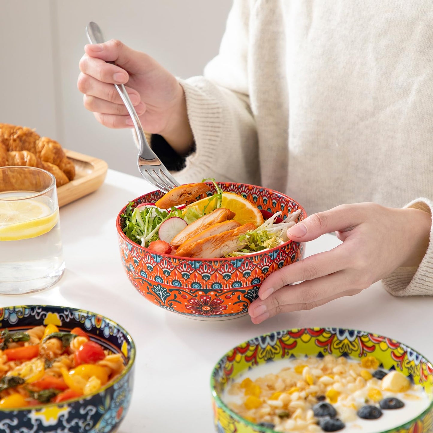 vancasso Cereal Bowls Set of 6, Porcelain Bowls for Eating, 28 oz Colorful Soup Bowls, Bohemian Ceramic Bowls for Salad, Fruit, Pasta, Microwave & Dishwasher Safe Bowls Set