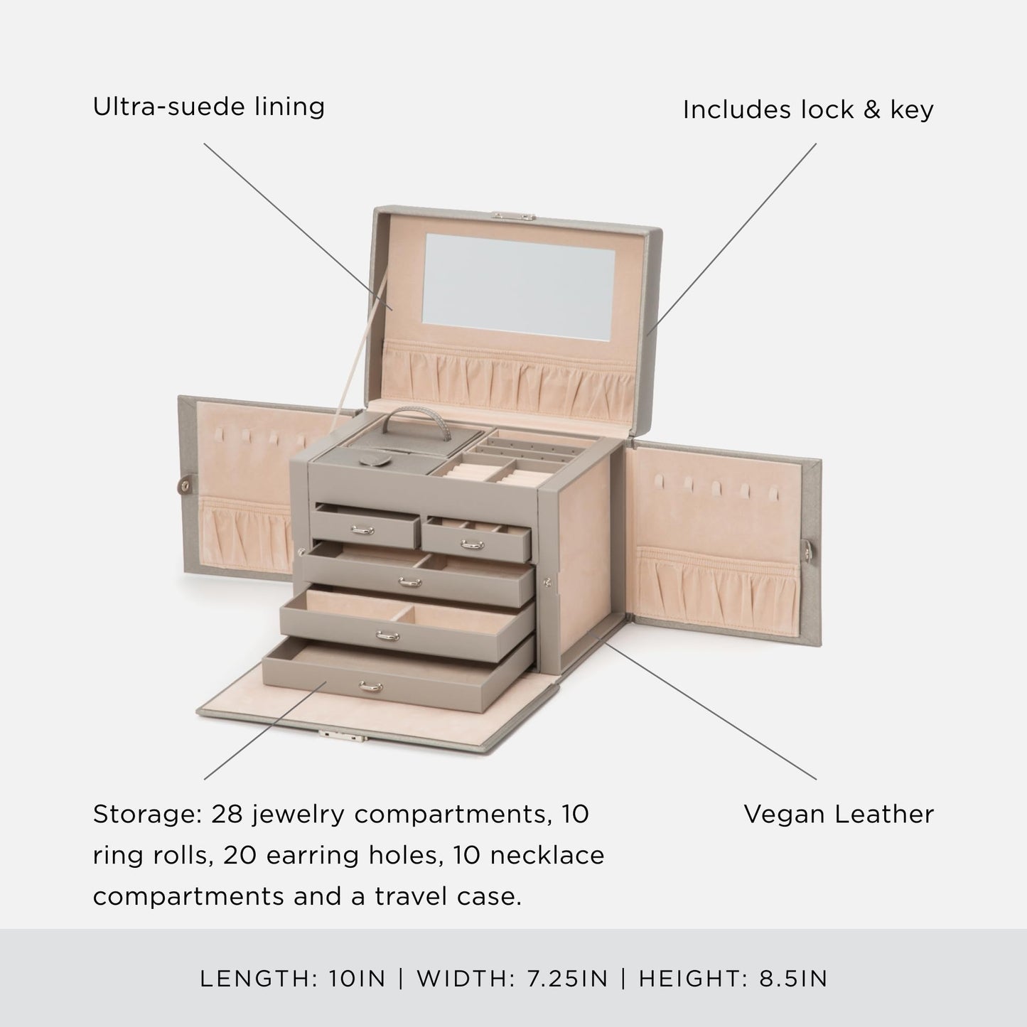 WOLF Heritage Medium Jewelry Box, Pewter - 28 Compartments, 10 Ring Rolls, 20 Earring Holes + 10 Necklace Compartments - Includes Travel Case