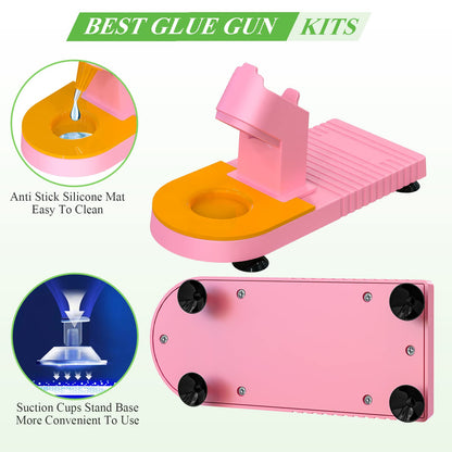 MONVICT Pink Hot Glue Gun Kit, Mini Glue Gun with Suction Cups Stand Anti Stick Silicone Mat, Hot Melt Glue Gun with Fine Tip & 30 Glue Sticks, On/Off Switch Design for DIY, Craft, Home School Project