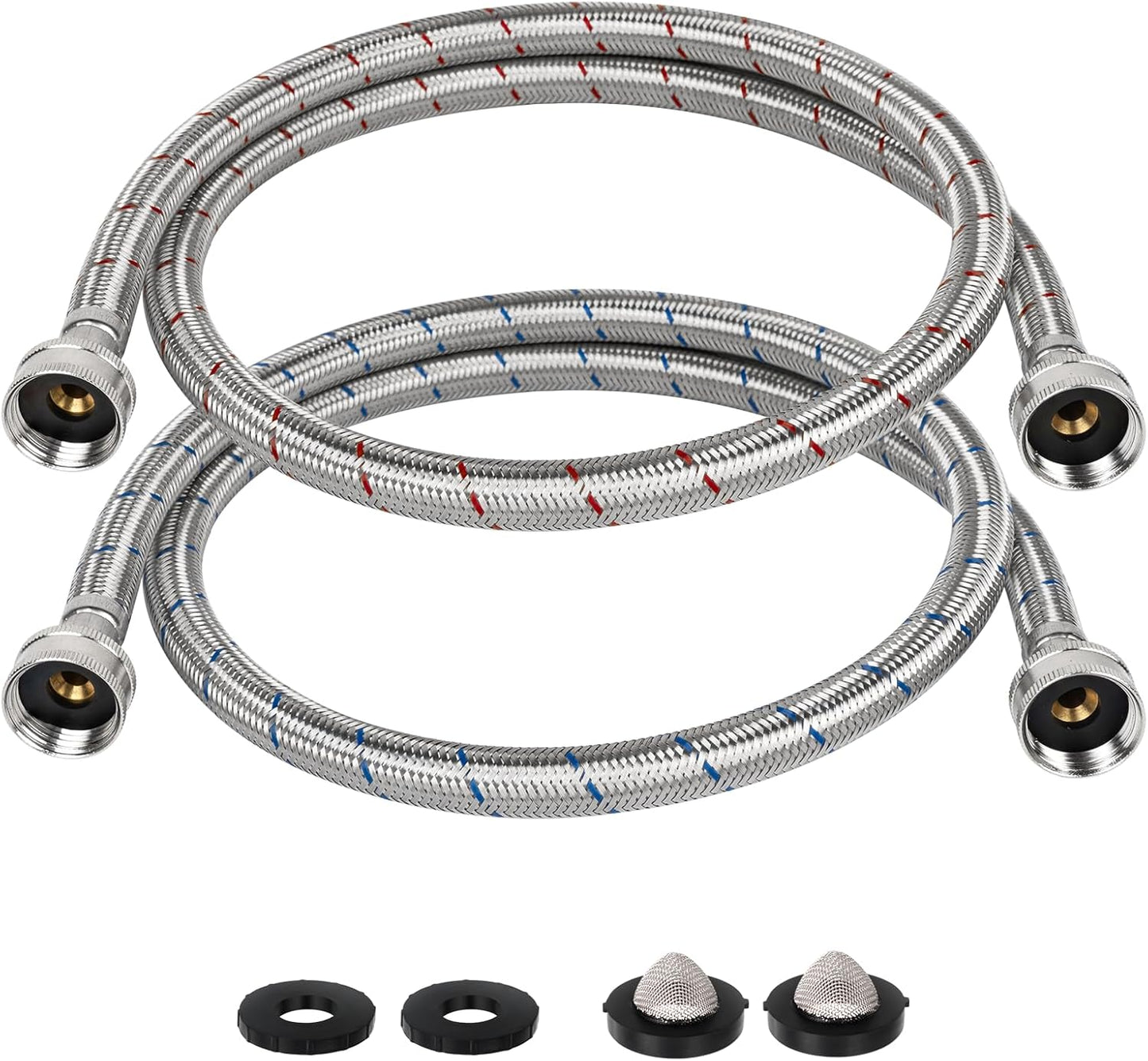 JUWO 4 FT Washing Machine Hoses, 3/4" FHT Stainless Steel Washer Hoses for Short-Distance Water Supply, Red & Blue