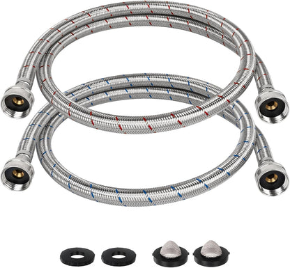 JUWO 4 FT Washing Machine Hoses, 3/4" FHT Stainless Steel Washer Hoses for Short-Distance Water Supply, Red & Blue