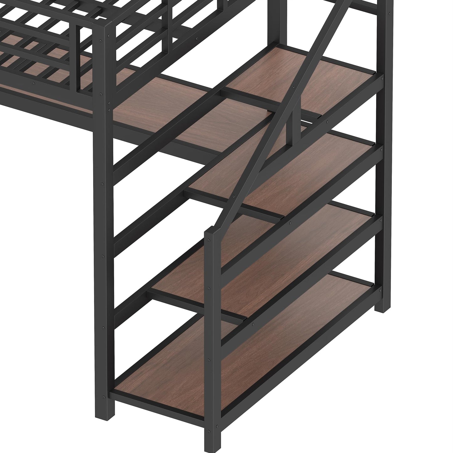 Bellemave Twin XL loft Bed with Storage Stairs, Shelves, Metal Twin XL Loft Beds with LED Lights, USB Ports, Multifunctional Iron Nets for Adults, Kids, Teens, Black