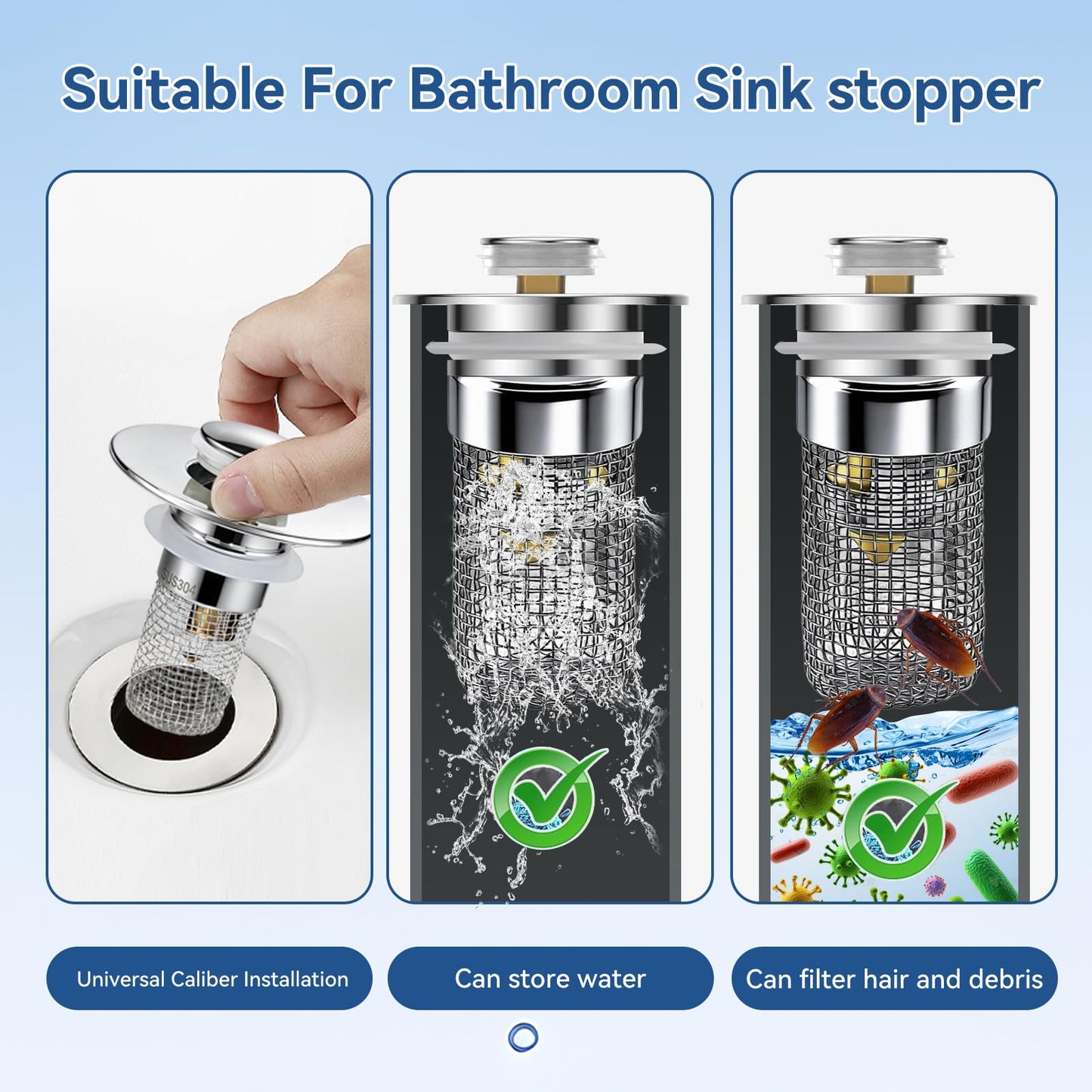 Universal Bathroom Sink Stopper & Hair Catcher, Stainless Steel Drain Filter Strainer, Anti-Clog Pop Up Drain Stopper for US Standard Bathroom Sinks(2PCS)