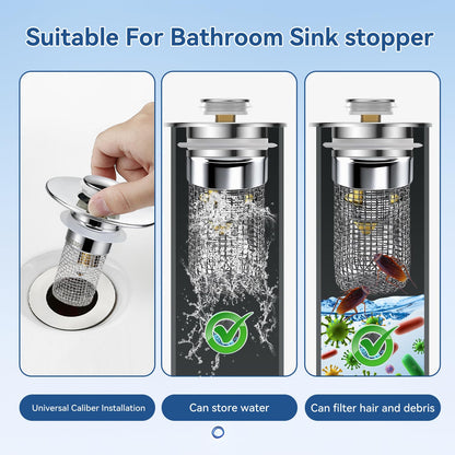 Universal Bathroom Sink Stopper & Hair Catcher, Stainless Steel Drain Filter Strainer, Anti-Clog Pop Up Drain Stopper for US Standard Bathroom Sinks(2PCS)