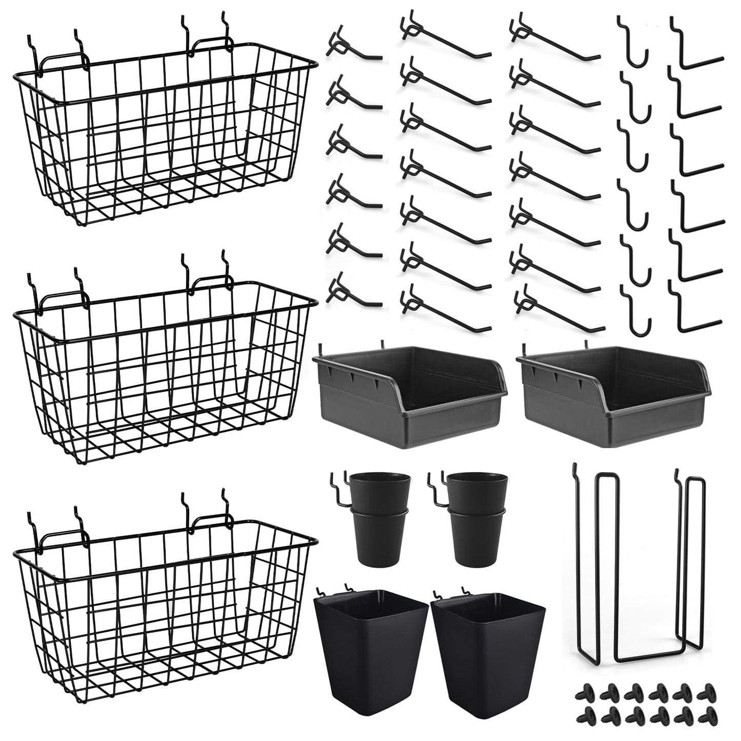 Pegboard Basket Organizers, Peg Board Large Baskets Hooks Bins Cups Tool Organizer 42 Pack Set, Wall Storage Display Hanging Accessories for Craft Office Stadio Shed Garage Organization (Black)