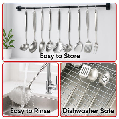 Newness 9 Pcs Cooking Utensils Set, 304 Stainless Steel Kitchen Utensils Set, Metal Kitchen Accessories, Include Soup Ladle, Slotted Skimmer Spoon, Spaghetti Spoon and Spatula, Dishwasher Safe