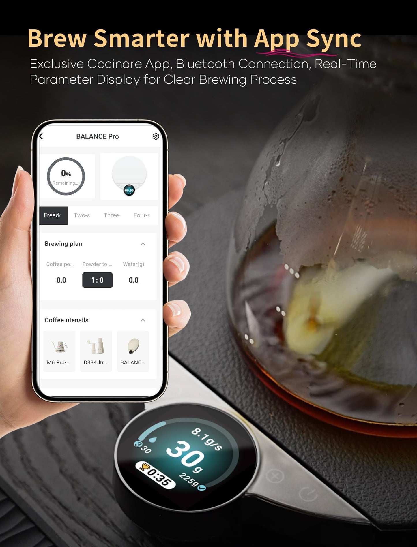 Cocinare Balance Pro Smart Coffee Scale with Timer and Water Flow Rate, Espresso Scale for Pour Over and Barista Brewing, Brew Assist Mode, 0.05g Precision, 3.5kg Digital Scale, App Control (White)