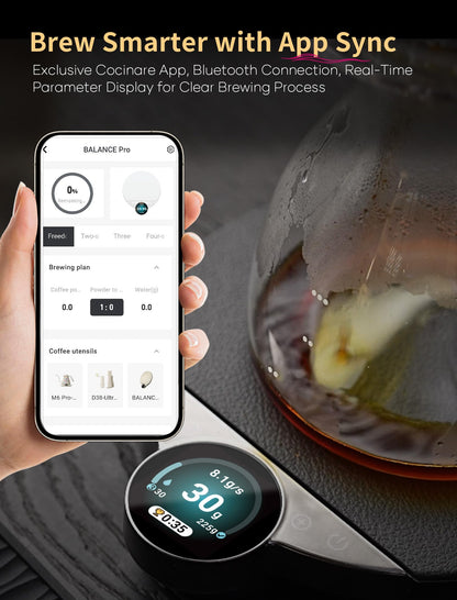 Cocinare Balance Pro Smart Coffee Scale with Timer and Water Flow Rate, Espresso Scale for Pour Over and Barista Brewing, Brew Assist Mode, 0.05g Precision, 3.5kg Digital Scale, App Control (White)