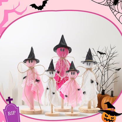 Kathfly 5 Pcs Halloween Ghost Decorations Indoor Primitive Halloween Ghosts with Witch Hat Wooden Stand Pink Ghost Wooden Centerpieces for Home Office Table Tiered Tray Mantel Party Decor