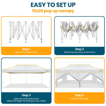 Hoteel 10x20 Pop Up Canopy Tent Heavy Duty with 6 Sidewalls, Waterproof Party Tent, Easy Set-up Commercial Instant Tents with Roller Bag & Sandbags, Hexagonal Leg (1-Year Warranty)
