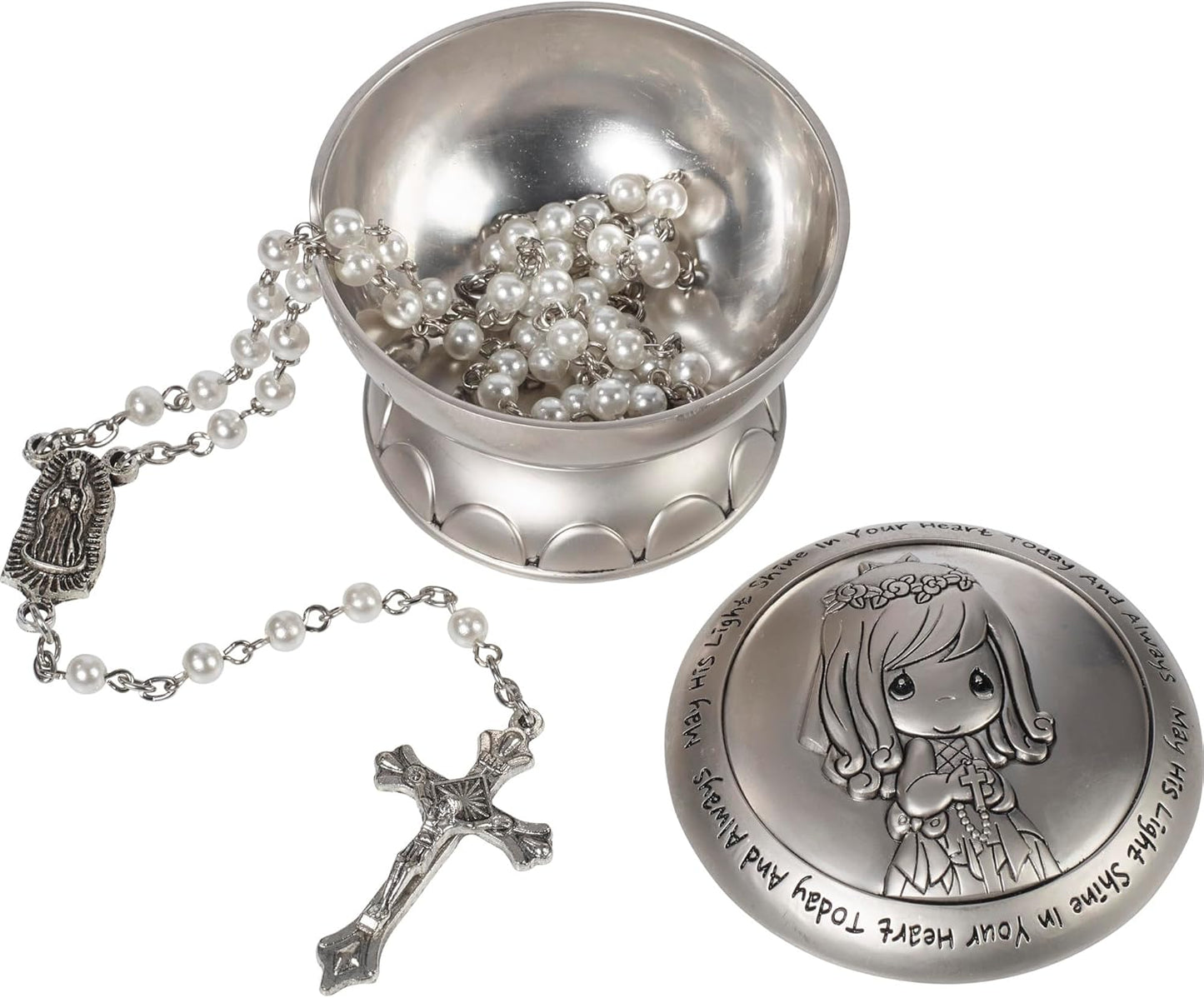 Precious Moments First Communion Rosary Gift - May His Light Shine in Your Heart & Silver Zinc Alloy Rosary Box