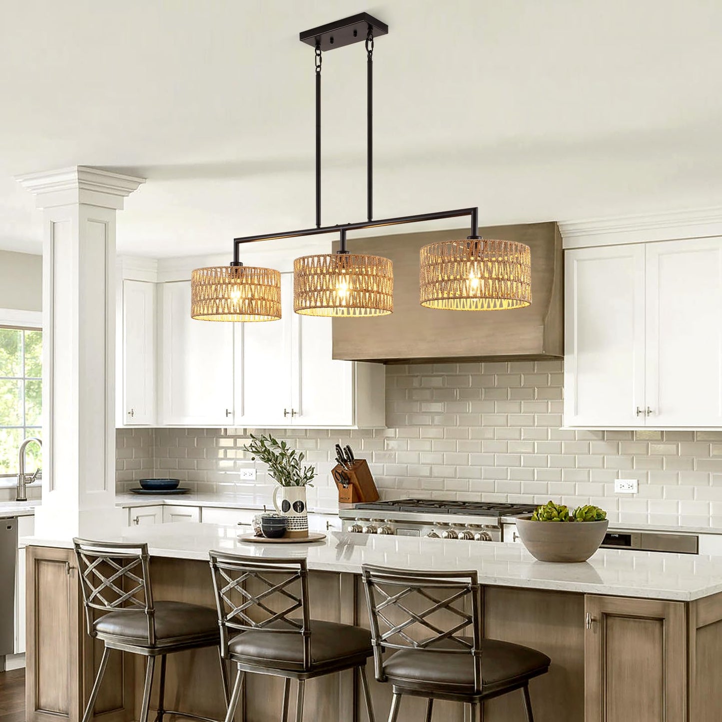 MRHYSWD 47" Hand Woven Rattan Chandeliers for Dining Room, 3-light Boho Linear Chandeliers Large Farmhouse Kitchen Island Lighting, Black Finish Pendant Light Fixtures Over Table, Bar, Living Room,E26