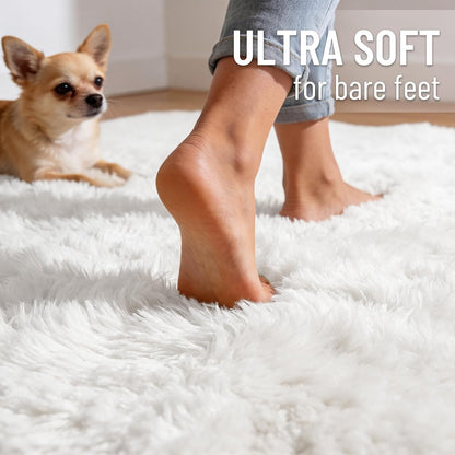 OLANLY Area Rugs - Soft Fluffy Shaggy Indoor Carpet for Living Room & Bedroom | 5x6 ft, White