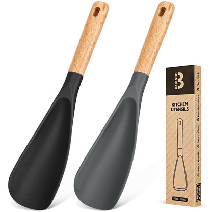 Cooking Spoon for Nonstick Cookwares, Great for Cooking and Serving Sturdy BPA-Free Matte Silicone, Wood Handle Spoon for Mixing, Scoop, and Scrape (Black & Grey, 11.4 inch)