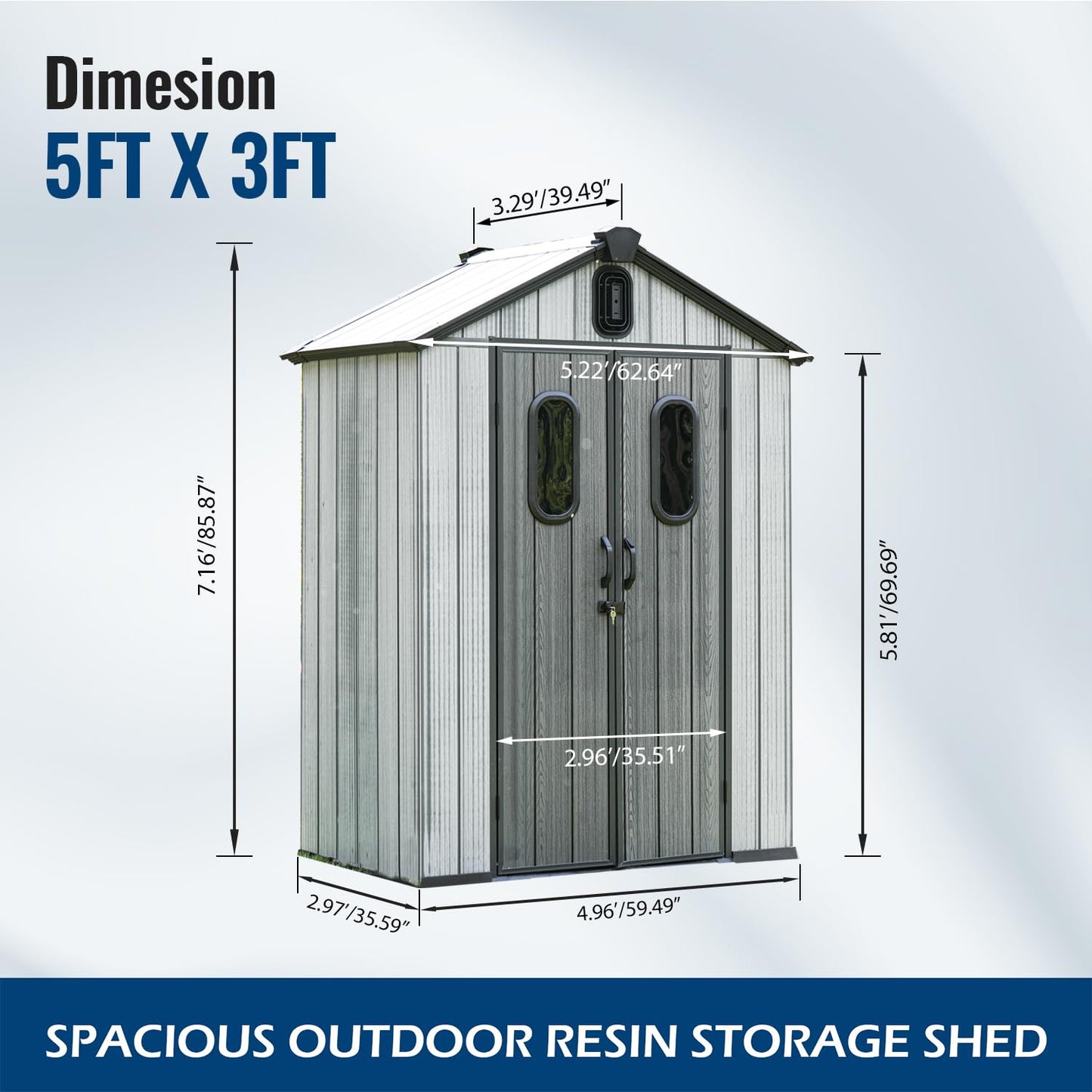Domi 5x3Ft Resin Outdoor Storage Shed, Small Plastic Garden Shed with Carpet, Outside Weatherproof Storage Building for Tools, Bike, Lawn Mower, Patio, Backyard