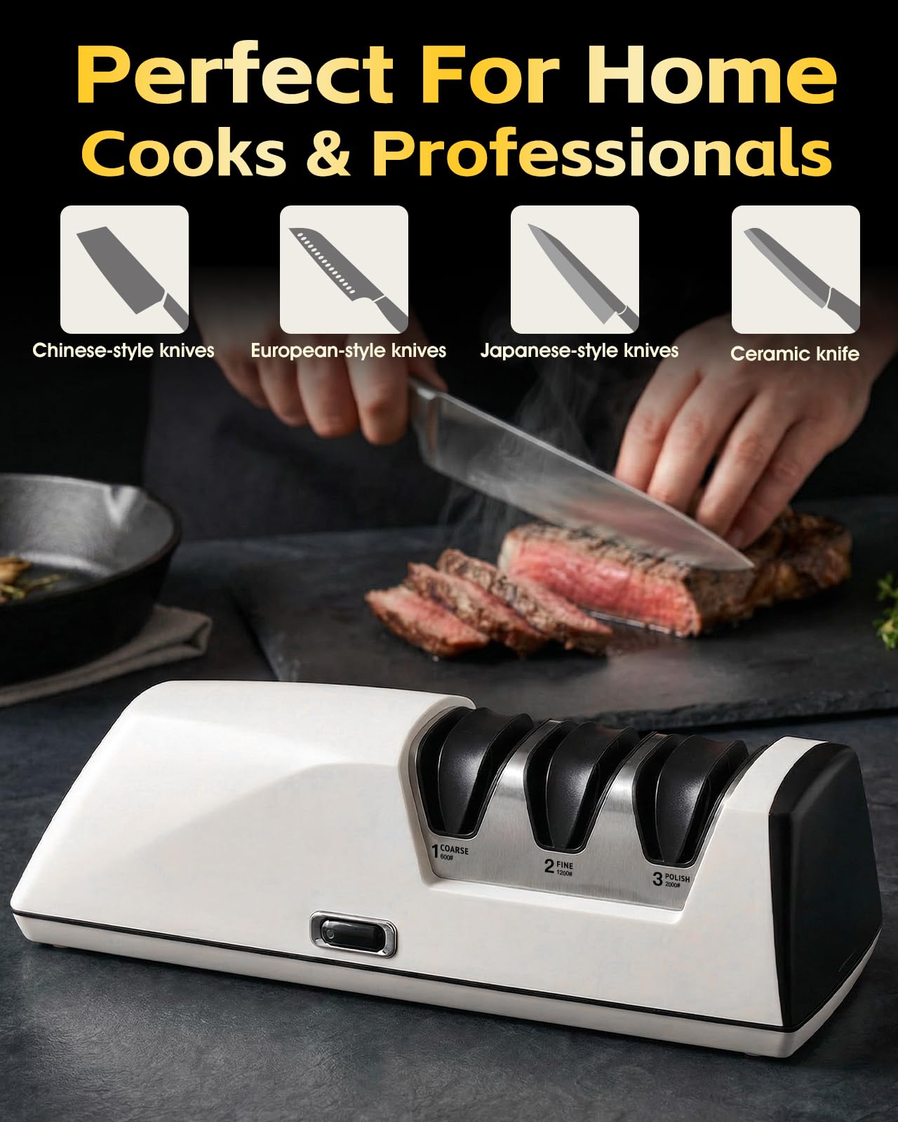 Professional Electric Knife Sharpener, 3-Stage High-Grit Diamond Sharpening System (#600/#1200/#2000) for Precision Grinding, Sharpening & Polishing, Designed for Straight & Ceramic Kitchen Knives